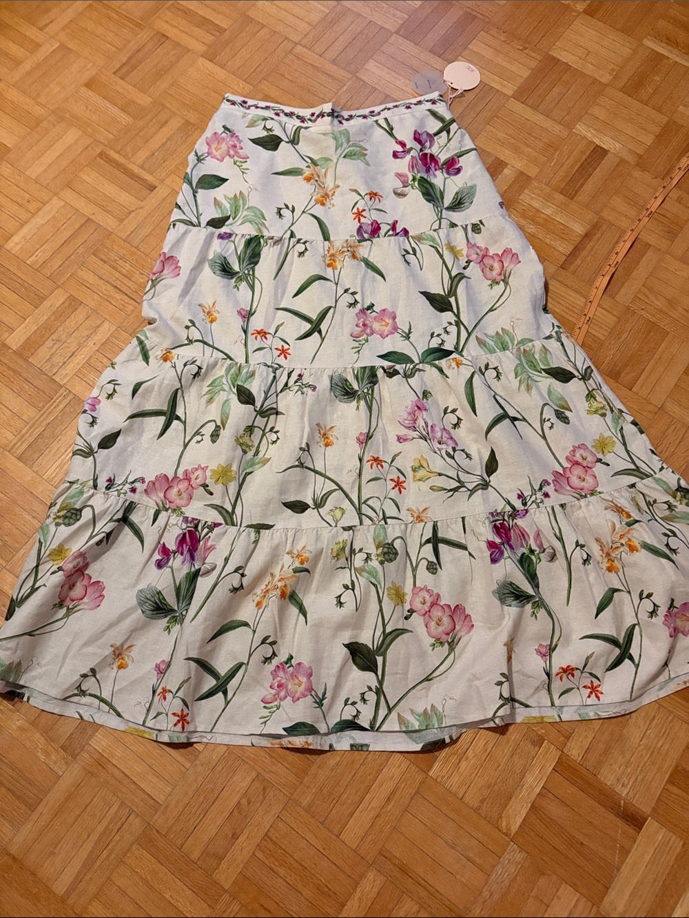 Camila Coelho Floral Tiered Midi Skirt in White with Pink & Green Print